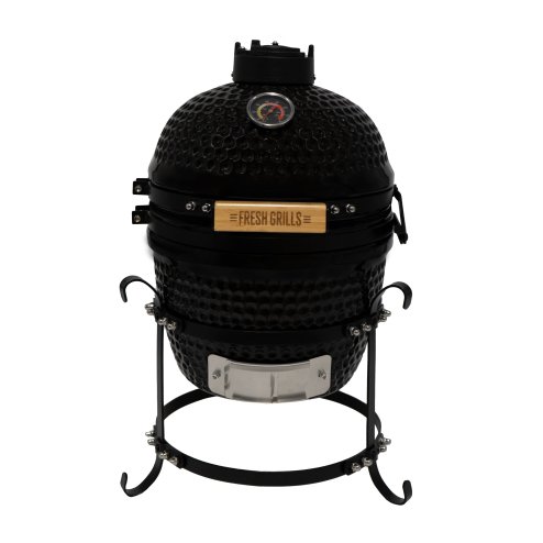 Fresh Grills Kamado BBQ 13 Inch Black Ceramic Mini Oven Barbecue Grill Egg Charcoal Smoker Roast Bake With Stand Portable Built In Thermometer Top & Bottom Air Flow System Outdoor Cooking Camping