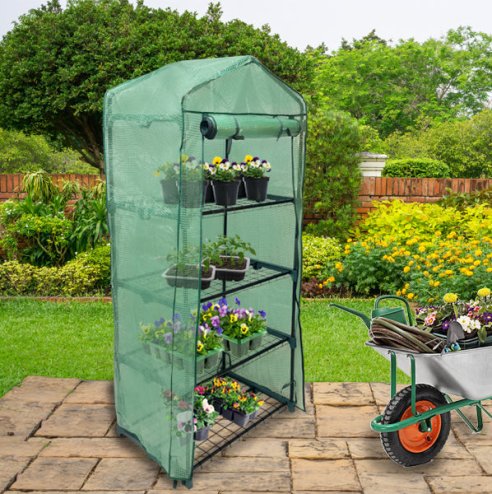 4 Tier Mini Greenhouse PE Green Waterproof Cover Plastic Small Shelves Grow House Plants Garden Outdoors Steel Frame | Free Trowel