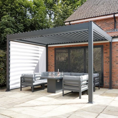 Anthracite Aluminium Pergola With White Blinds & LED Lights - 3m x 3m