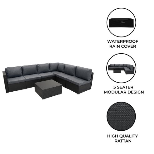 Rattan Garden Corner Furniture Set Outdoor Premium 7 PC Black 5 Seater Modular Sofa Chairs With Cushions Glass Top Coffee Table UV Protected Metal