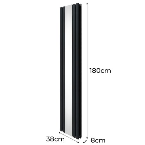 Oval Panel Radiator With Mirror 1800mm x 380mm & TRV Chrome Valves Designer Double Column Vertical Anthracite Grey Carbon Steel Wall Mounted Kitchen Living Room Cleaning Brush Fixing Kit & Brackets