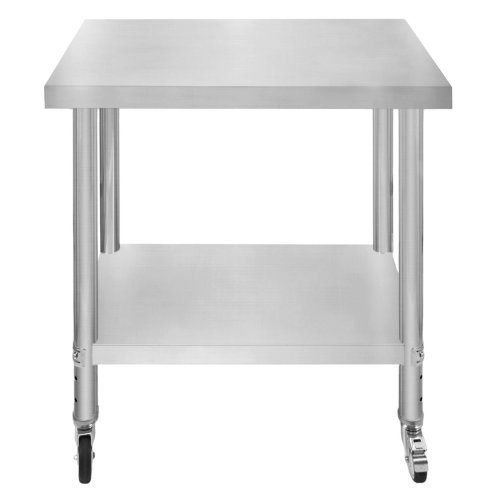 Catering Work Bench Table Stainless Steel Food Prep Kitchen Mobile 4 x Castor Wheels With 2 Brakes & 4 Adaptable Feet Adjustable Lower Shelf 3 Positions 160kg Load Capacity 76cm x 45cm x 86cm