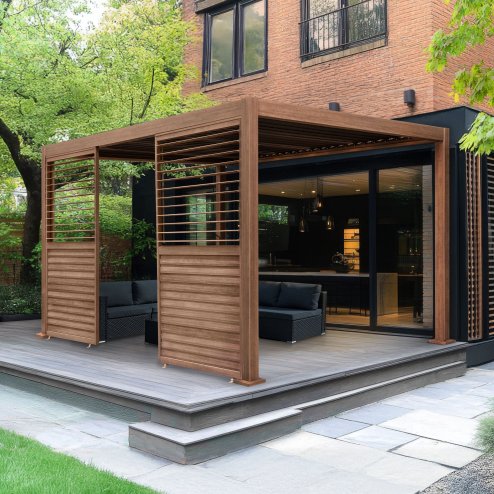 Wood Effect Aluminium Pergola 3 x 3m with 2 Louvre Panels