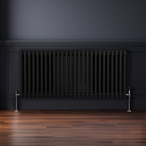 Traditional 3 Column Radiator 600mm x 1192mm Modern Central Heating Heater Matt Black Carbon Steel Horizontal Wall Mounted Kitchen Living Room Bathroom Cleaning Brush Fixing Kit & Brackets