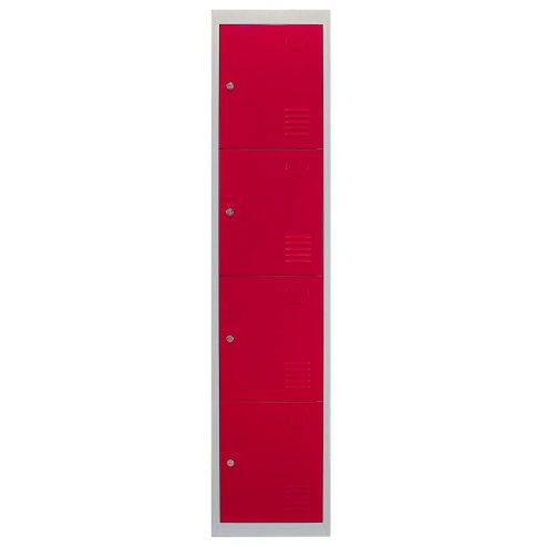 MonsterShop Metal Lockers 4 Door Storage, Flatpack Red & Grey Metal Lockable Unit, School Staff Gym Changing