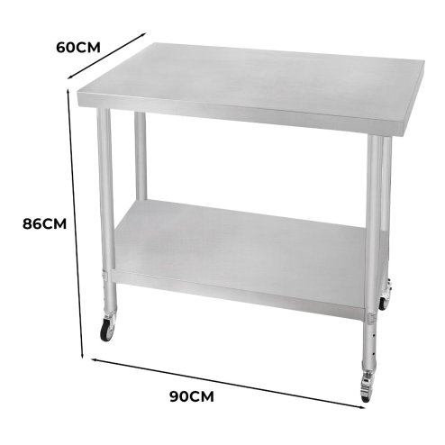 Catering Work Bench Table Stainless Steel Food Prep Kitchen Mobile 4 x Castor Wheels With 2 Brakes & 4 Adaptable Feet Adjustable Lower Shelf 3 Positions 160kg Load Capacity 60cm x 90cm x 86cm