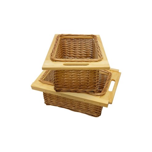 Pull out Wicker Basket Drawer x 2 400mm Kitchen Storage Solution Larder Base Unit Cupboard with Handle Rustic Beech Wood Farmhouse Style 100% Handmade Rattan FREE Fixing Kit Included – Brown