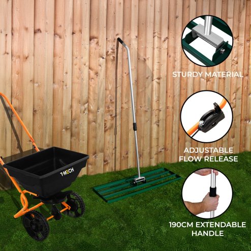 Lawn Leveller & Rotary Spreader Gritter Fertiliser Garden Levelling Rake Lute 100 x 32cm Green Removable Extendable Handle 1.15 - 1.9m Easy Grip 25kg Capacity Salt Grit Sand Seed Rain Cover & Gloves