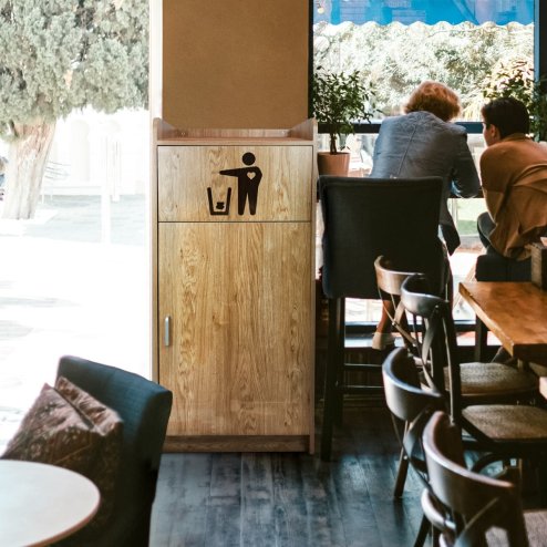 Wooden Litter Bin & Tray Stand Light Oak Finish Commercial Restaurant Food Hall Takeaway Cafe Waste Bin Enclosure Cabinet Swing Door Melamine MDF FREE 100L Rubbish Bin FREE Black Vinyl Stickers