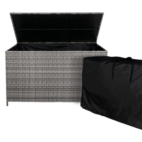 Rattan Garden Storage Grey Box & Waterproof Carry Bag Large Cushion Blanket Tools Toys Furniture Chest 582L Outdoor Patio Deck Steel Frame UV & Weather Resistant Gas Assisted Lift Lid Portable Wheels