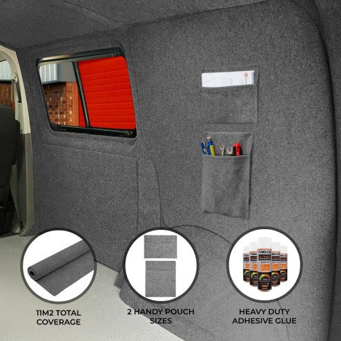 Camper Van Lining 2 x Storage Pouches & 5 x Cans Adhesive Glue Smoke Grey Carpet 4 Way Stretch 2m Wide 11m2 Coverage Car Motorhome Vehicle Campervan Conversion 2 Size Tool Document Pocket Organiser