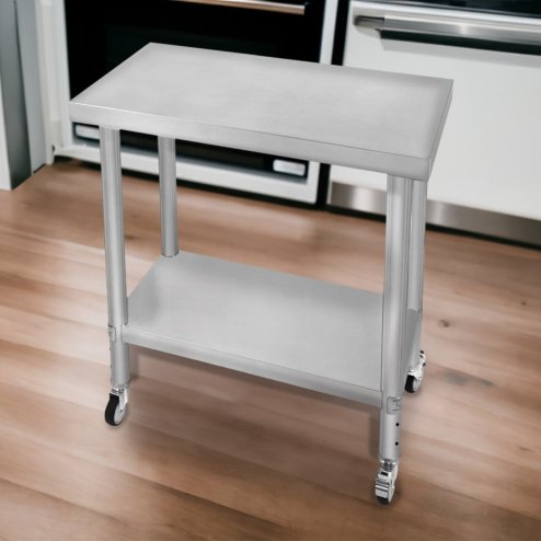 Catering Work Bench Table Stainless Steel Food Prep Kitchen Mobile 4 x Castor Wheels With 2 Brakes & 4 Adaptable Feet Adjustable Lower Shelf 3 Positions 160kg Load Capacity 76cm x 45cm x 86cm