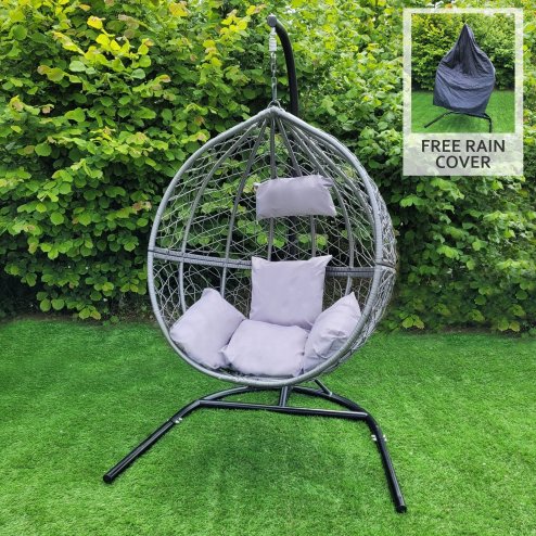 Swing Hanging Egg Chair Rattan Bench Garden Patio Outdoor Indoor Furniture Hammock Basket Seat Grey | with Cushions, Waterproof Cover and Stand