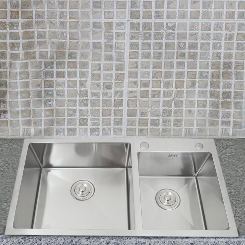 Stainless Steel Kitchen Sink Double Bowl Satin Finish Square Premium Handmade With Strainer Plug & Waste Pipe Set