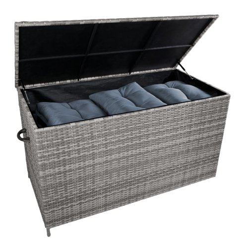 Rattan Garden Storage Grey Box & Waterproof Carry Bag Large Cushion Blanket Tools Toys Furniture Chest 582L Outdoor Patio Deck Steel Frame UV & Weather Resistant Gas Assisted Lift Lid Portable Wheels