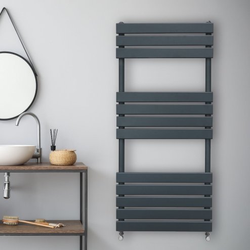 Vertical Towel Radiator Designer Flat Panel 1200mm x 500mm Bathroom Heated Rail Matt Anthracite Grey Central Heating Ladder Heater Wall Mounted Carbon Steel FREE Cleaning Brush Fixing Kit & Brackets