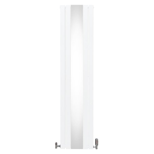 Flat Panel Radiator With Mirror 1800mm x 425mm & TRV Chrome Valves Designer Double Column Vertical White Carbon Steel Wall Mounted Kitchen Living Room Cleaning Brush Fixing Kit & Brackets