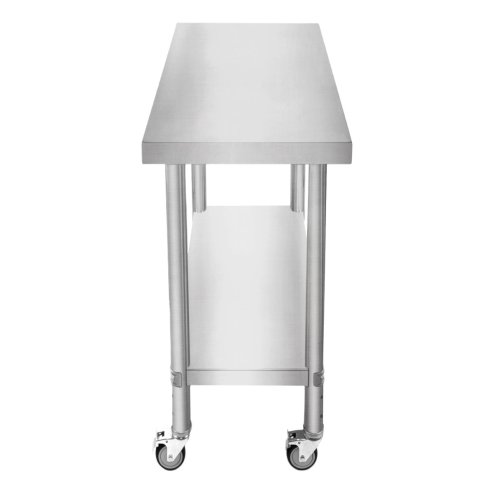 Catering Work Bench Table Stainless Steel Food Prep Kitchen Mobile 4 x Castor Wheels With 2 Brakes & 4 Adaptable Feet Adjustable Lower Shelf 3 Positions 160kg Load Capacity 60cm x 45cm x 86cm