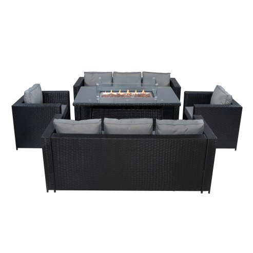 8 Seater Rattan Furniture Set With Firepit - Black