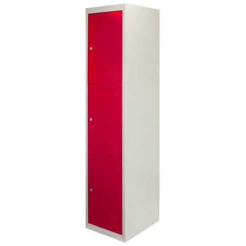 MonsterShop 3 Door Metal Storage Lockers, Flatpacked Red & Grey Steel Lockable Unit, Gym Changing School Staff