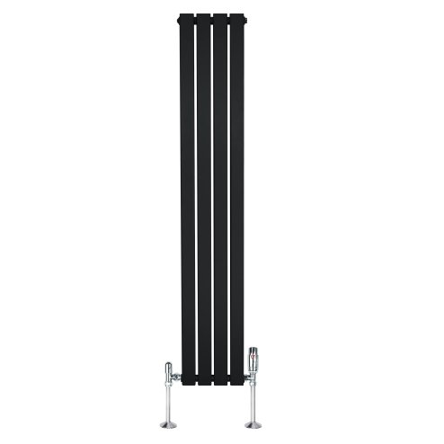 Flat Single Column Radiator & Valves - 1600mm x 280mm - Black