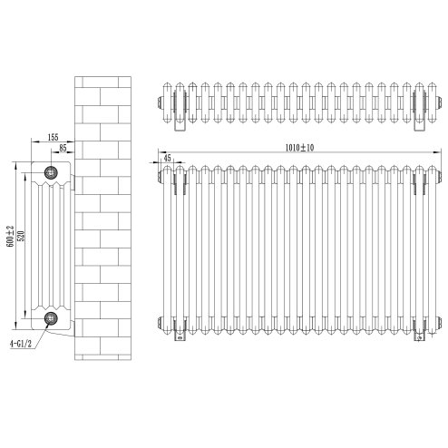 Traditional 4 Column Radiator - 600 x 1010mm - Anthracite Grey