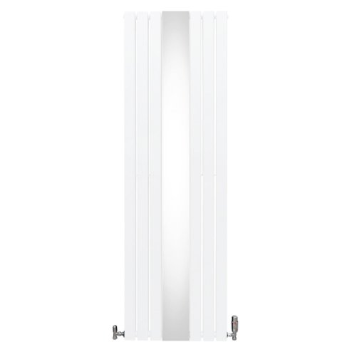 Flat Panel Radiator With Mirror 1800mm x 565mm & TRV Chrome Valves Designer Double Column Vertical White Carbon Steel Wall Mounted Kitchen Living Room Cleaning Brush Fixing Kit & Brackets