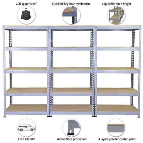 3 Racking Bays 90cm Garage Shelving Storage Warehouse Shelves Unit Steel 5 Tier
