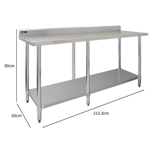 7FT Kitchen Work Bench Catering Table Commercial Stainless Steel Food Prep Surface Restaurant Storage Shelf 250kg Weight Capacity Adjustable Height 10cm Backsplash Upstand 2 x FREE Microfibre Cloths