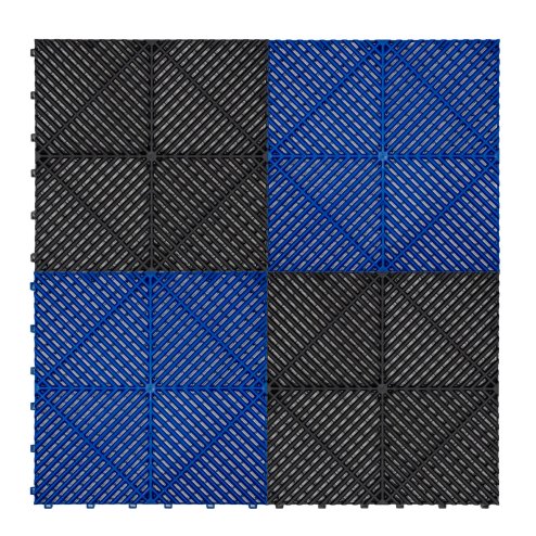 Vented Modular Interlocking Flooring Tiles 120 Black & 120 Blue With Edges & Hexagon LED Lighting 28 White Lights & Border 6500K 3 Mount Options & Suspended Ceiling Kit Single Garage Floor Mat 6m x 6m