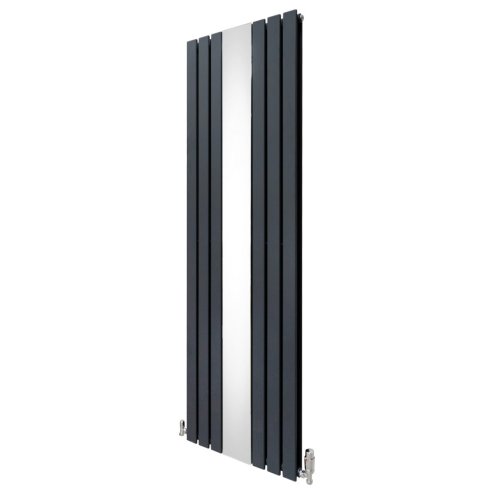 Flat Panel Radiator With Mirror 1800mm x 565mm & TRV Chrome Valves Designer Double Column Vertical Anthracite Grey Carbon Steel Wall Mounted Kitchen Living Room Cleaning Brush Fixing Kit & Brackets