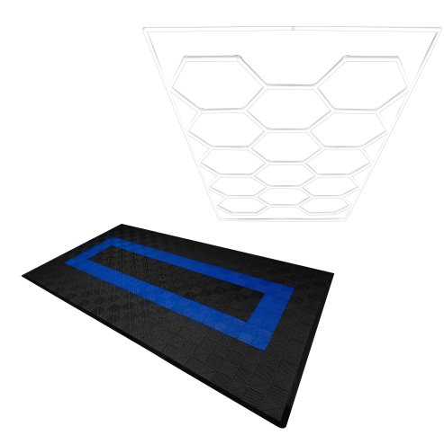 Vented Modular Interlocking Flooring Tiles 90 Black & 30 Blue With Edges & Hexagon LED Lighting 14 White Lights & Border 6500K 3 Mount Options & Suspended Ceiling Kit Single Garage Floor Mat 3.2m x 6m