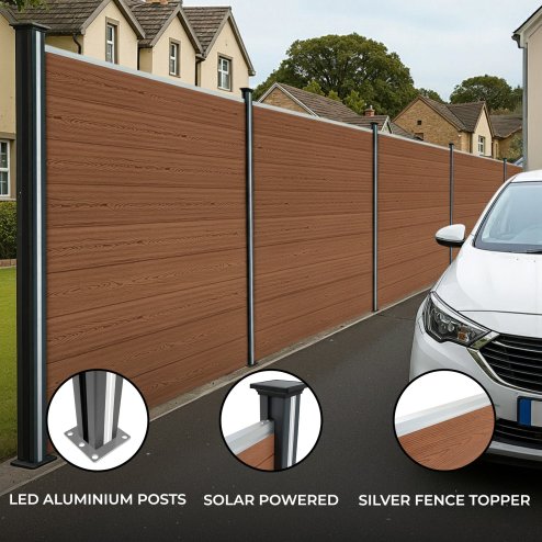 Composite Fence Panels, Angled Piece & LED Posts 6ft x 20ft - Brown