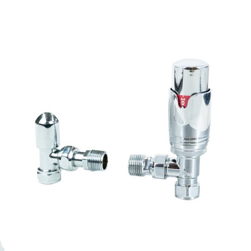 Thermostatic Radiator Valves Brass Polished Chrome Angled TRV Set Lockshield 1/2
