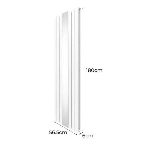 Flat Panel Radiator With Mirror 1800mm x 565mm & TRV Chrome Valves Designer Double Column Vertical White Carbon Steel Wall Mounted Kitchen Living Room Cleaning Brush Fixing Kit & Brackets