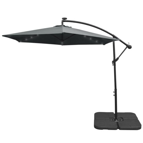 LED Cantilever Parasol 3m Grey Banana Hanging Umbrella Garden Sun Shade Canopy Patio 360 Rotation Tilt UV Protection Winding Crank 24 Solar Powered Cool White Lights FREE Rain Cover & Square Base