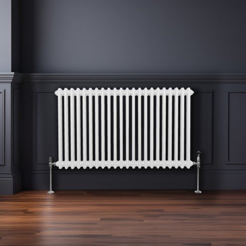 Traditional 2 Column Radiator 600mm x 1012mm Modern Central Heating Heater Gloss White Carbon Steel Horizontal Wall Mounted Kitchen Living Room Bathroom FREE Cleaning Brush Fixing Kit & Brackets