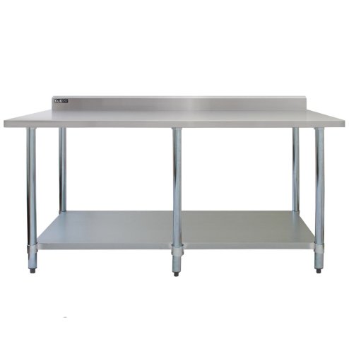 7FT Kitchen Work Bench Catering Table Commercial Stainless Steel Food Prep Surface Restaurant Storage Shelf 250kg Weight Capacity Adjustable Height 10cm Backsplash Upstand 2 x FREE Microfibre Cloths