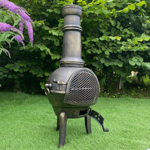 Cast Iron Chiminea Outdoor Garden Patio Heater Log Fire Pit Burner Wood Chimney Chimenea BBQ Spark Guard FREE Poker Barbeque Toasting Rack & 10m Union Jack Bunting 25 Double Sided Flags