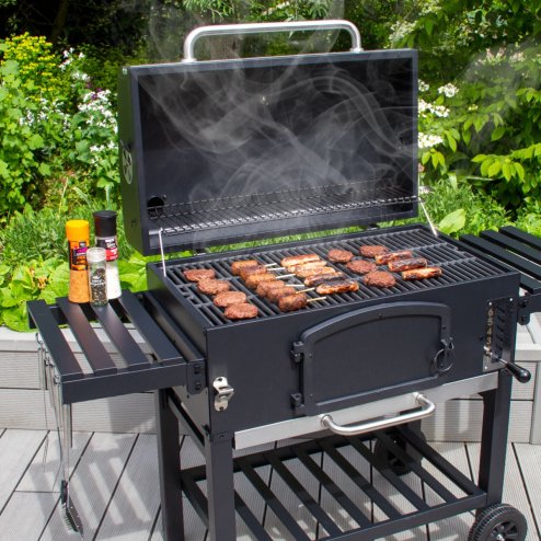 XXL BBQ Smoker Charcoal Barbecue Grill Portable Trolley Black Stainless Steel Adjustable Furnace Thermometer Side Shelves Hanging Hooks Bottle Opener Wheels Rain Cover Wire Brush Garden Patio Outdoor