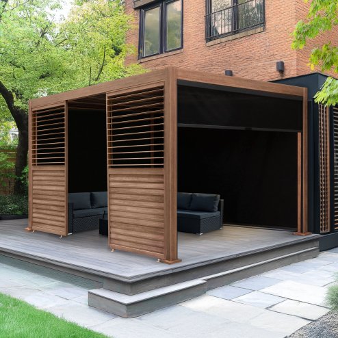 Wood Effect Aluminium Pergola With Blinds & 2 Louvre Panels - 3m x 3m