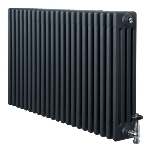 Traditional 4 Column Radiator & Valves - 600 x 1010mm - Anthracite Grey