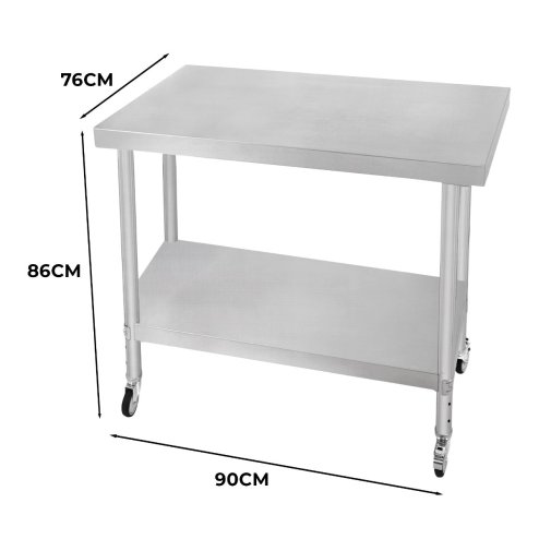 Catering Work Bench Table Stainless Steel Food Prep Kitchen Mobile 4 x Castor Wheels With 2 Brakes & 4 Adaptable Feet Adjustable Lower Shelf 3 Positions 160kg Load Capacity 76cm x 90cm x 86cm