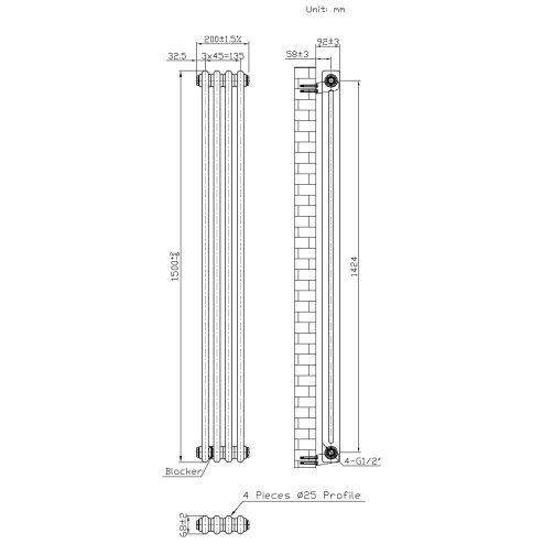 Traditional 2 Column Radiator - 1500 x 200mm - Raw Metal