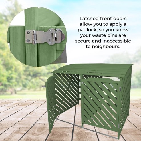 Double Sage Green Wheelie Bin Storage Shed Garden Latched Lockable Outdoor Dustbin Cover Store Unit Chain Lid