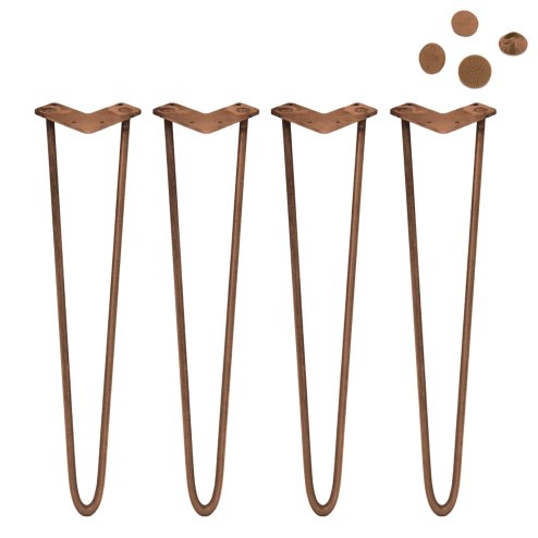 4Pcs Hairpin Table Legs Industrial Style DIY Furniture Heavy-duty Sturdy Welded Metal Steel Desk With FREE Screw Pack And Protector Feet Antique Copper 2 Prong Rods 28 Inch Height 10mm Thickness