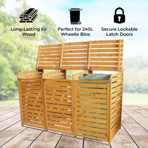 Triple Wheelie Bin Store Strong Wooden Shed Recycling Store Natural Timber Lockable Latched Hinged Firewood Garden Tools Storage FREE Fixing Kit 120cm (H) x 198cm (W) x 81cm (D)