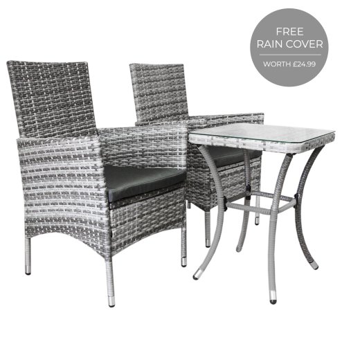 Garden Outdoor Rattan Bistro Set Furniture 3 PCs Patio Weave Companion Chair Table Set Conservatory Balcony 2 Seater Light Grey FREE Rain Cover