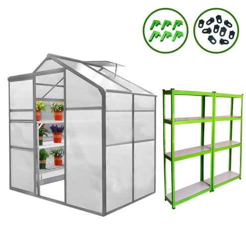 Greenhouse Polycarbonate, Clear, Aluminium Frame, With 2 x Water-resistant Racks, Silver, Growhouse with Window & Sliding Door 6ft x 4ft