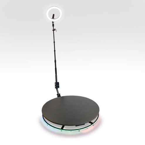 360 Photo Video booth 100cm Platform Rotating Selfie Spinner Party Wedding LED Ring Light Automatic Remote Control Bluetooth Adjustable Arm Slow Motion Battery or Mains Powered Flight Case Money Gun
